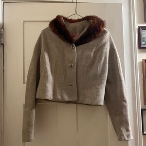 Vintage tweed pastel fur collar jacket